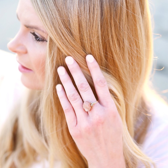 Hexagon Peach Moonstone Wire Wrap Ring (J10) - Picture 3 of 3
